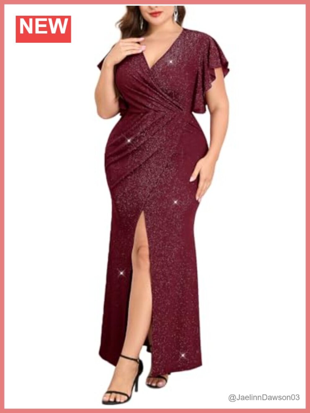 Plus Size Formal Maxi Dress Sparkly Ruched Flutter Sleeve V Neck Slit Evening
